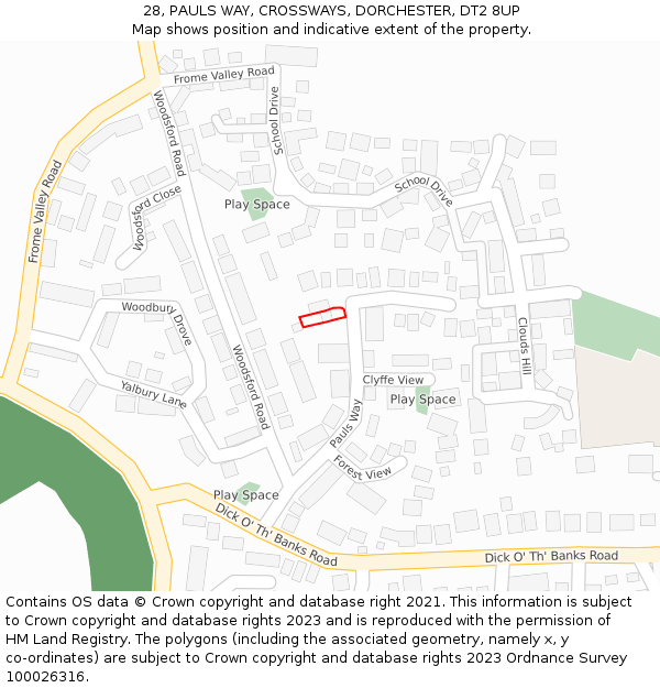 28, PAULS WAY, CROSSWAYS, DORCHESTER, DT2 8UP: Location map and indicative extent of plot