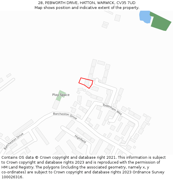 28, PEBWORTH DRIVE, HATTON, WARWICK, CV35 7UD: Location map and indicative extent of plot