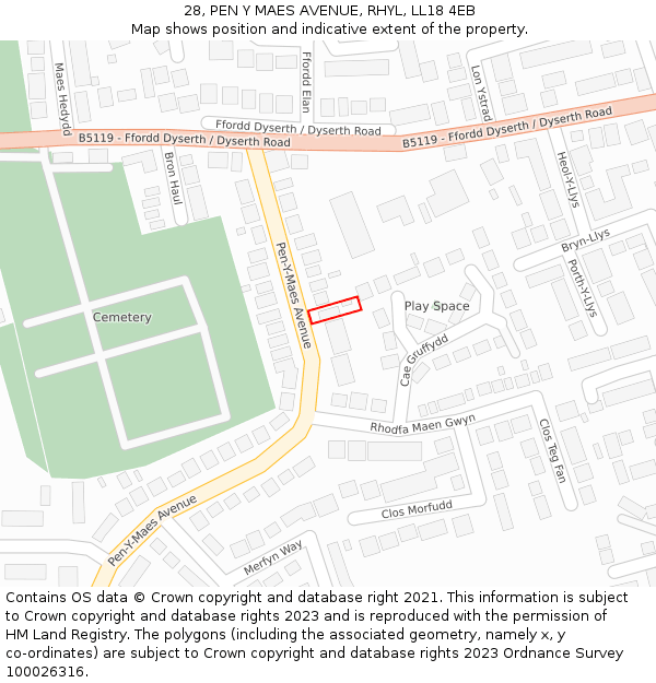 28, PEN Y MAES AVENUE, RHYL, LL18 4EB: Location map and indicative extent of plot