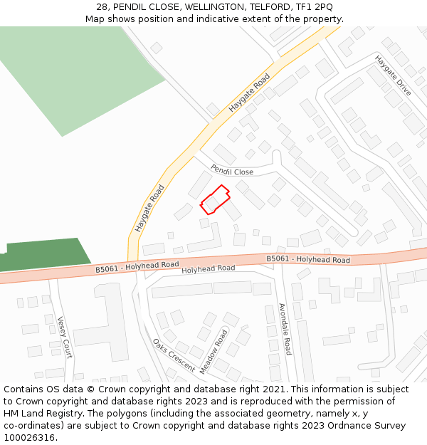 28, PENDIL CLOSE, WELLINGTON, TELFORD, TF1 2PQ: Location map and indicative extent of plot