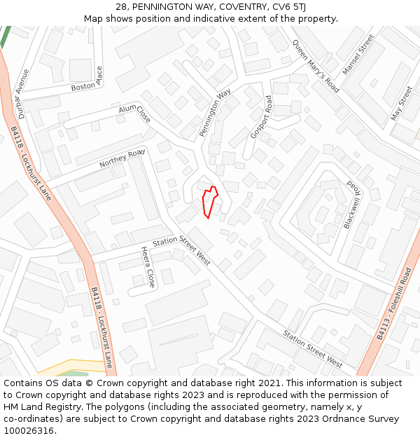 28, PENNINGTON WAY, COVENTRY, CV6 5TJ: Location map and indicative extent of plot