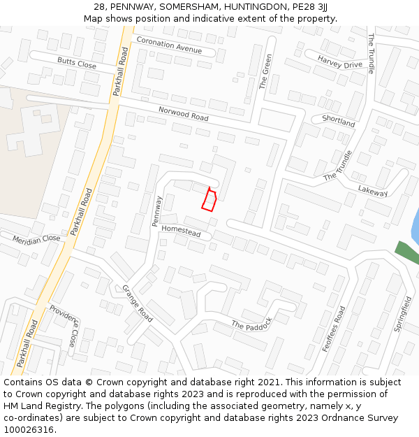 28, PENNWAY, SOMERSHAM, HUNTINGDON, PE28 3JJ: Location map and indicative extent of plot