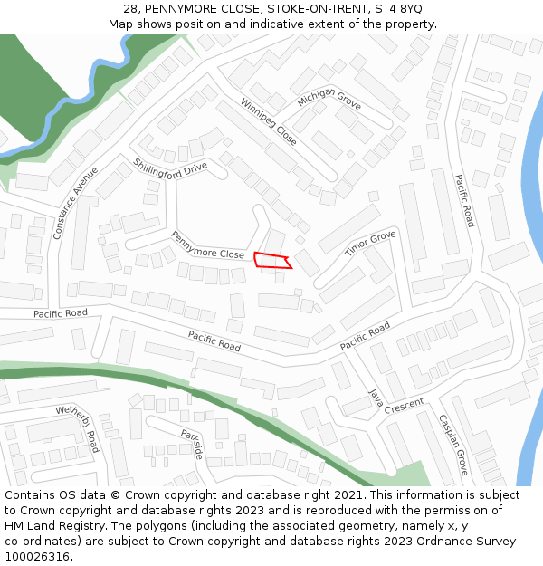 28, PENNYMORE CLOSE, STOKE-ON-TRENT, ST4 8YQ: Location map and indicative extent of plot