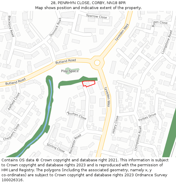 28, PENRHYN CLOSE, CORBY, NN18 8PR: Location map and indicative extent of plot