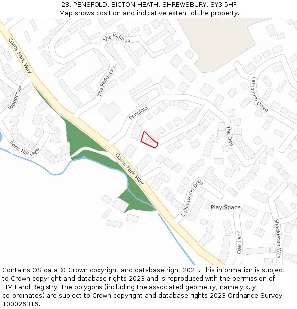 28, PENSFOLD, BICTON HEATH, SHREWSBURY, SY3 5HF: Location map and indicative extent of plot