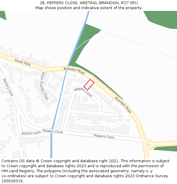 28, PEPPERS CLOSE, WEETING, BRANDON, IP27 0PU: Location map and indicative extent of plot