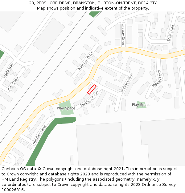 28, PERSHORE DRIVE, BRANSTON, BURTON-ON-TRENT, DE14 3TY: Location map and indicative extent of plot