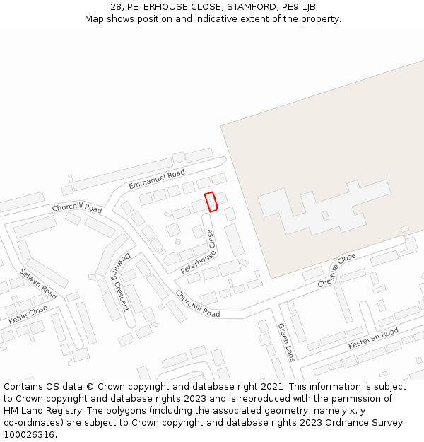 28, PETERHOUSE CLOSE, STAMFORD, PE9 1JB: Location map and indicative extent of plot