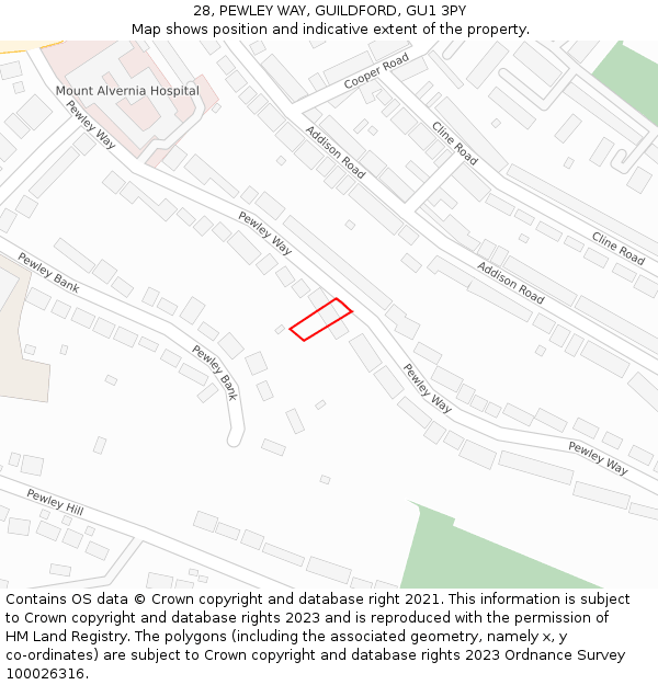 28, PEWLEY WAY, GUILDFORD, GU1 3PY: Location map and indicative extent of plot