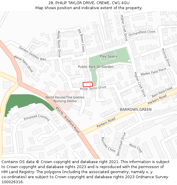 28, PHILIP TAYLOR DRIVE, CREWE, CW1 4GU: Location map and indicative extent of plot