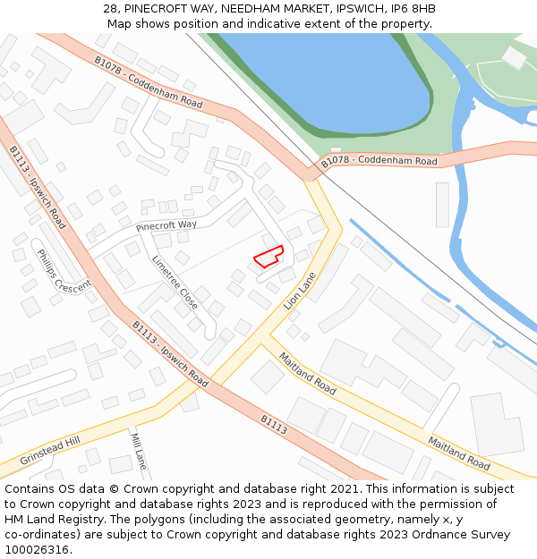 28, PINECROFT WAY, NEEDHAM MARKET, IPSWICH, IP6 8HB: Location map and indicative extent of plot