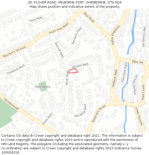 28, PLOVER ROAD, MILBORNE PORT, SHERBORNE, DT9 5DA: Location map and indicative extent of plot