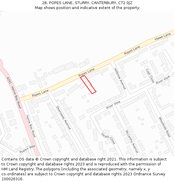 28, POPES LANE, STURRY, CANTERBURY, CT2 0JZ: Location map and indicative extent of plot