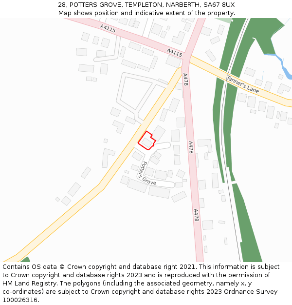 28, POTTERS GROVE, TEMPLETON, NARBERTH, SA67 8UX: Location map and indicative extent of plot