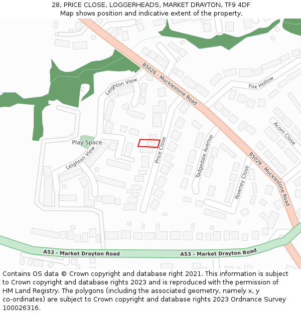 28, PRICE CLOSE, LOGGERHEADS, MARKET DRAYTON, TF9 4DF: Location map and indicative extent of plot