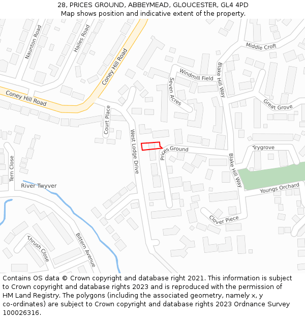 28, PRICES GROUND, ABBEYMEAD, GLOUCESTER, GL4 4PD: Location map and indicative extent of plot