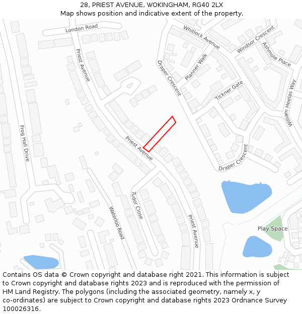 28, PRIEST AVENUE, WOKINGHAM, RG40 2LX: Location map and indicative extent of plot