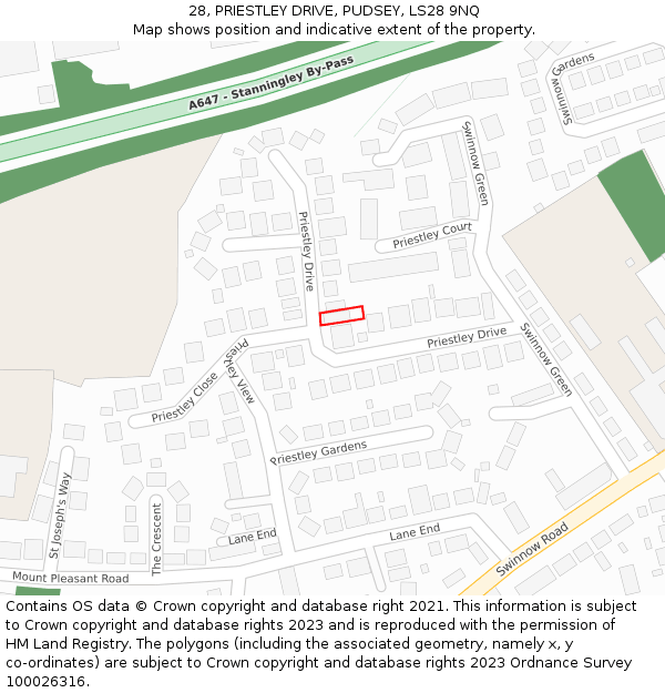 28, PRIESTLEY DRIVE, PUDSEY, LS28 9NQ: Location map and indicative extent of plot
