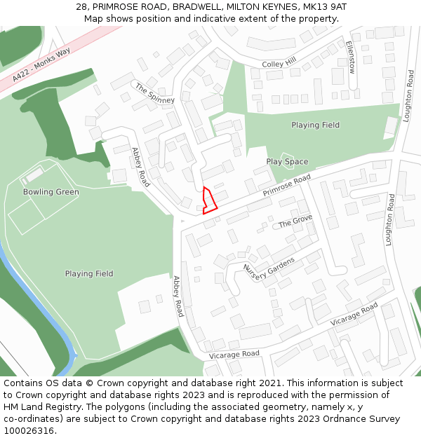 28, PRIMROSE ROAD, BRADWELL, MILTON KEYNES, MK13 9AT: Location map and indicative extent of plot