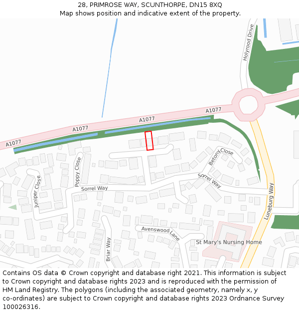 28, PRIMROSE WAY, SCUNTHORPE, DN15 8XQ: Location map and indicative extent of plot