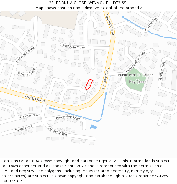 28, PRIMULA CLOSE, WEYMOUTH, DT3 6SL: Location map and indicative extent of plot