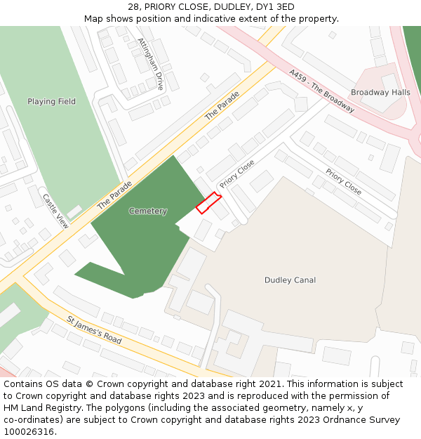 28, PRIORY CLOSE, DUDLEY, DY1 3ED: Location map and indicative extent of plot