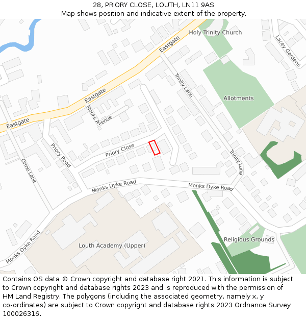 28, PRIORY CLOSE, LOUTH, LN11 9AS: Location map and indicative extent of plot