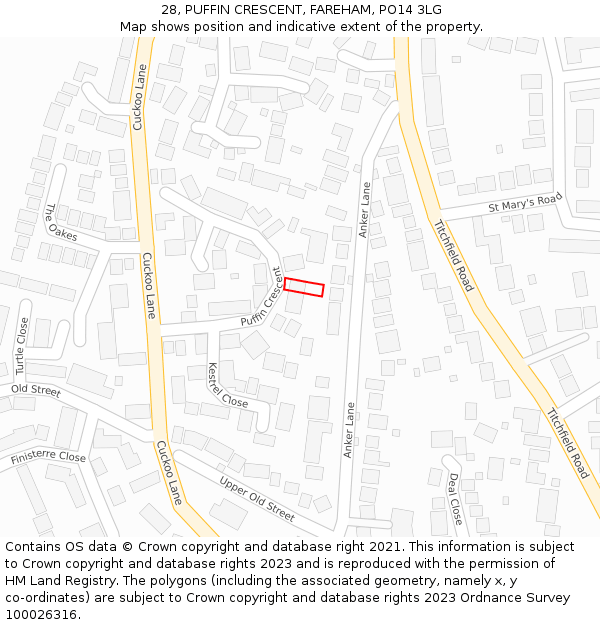 28, PUFFIN CRESCENT, FAREHAM, PO14 3LG: Location map and indicative extent of plot