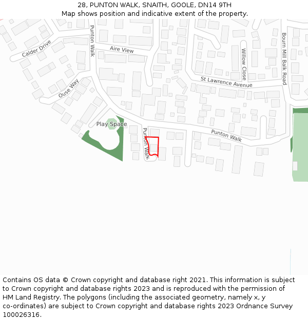 28, PUNTON WALK, SNAITH, GOOLE, DN14 9TH: Location map and indicative extent of plot