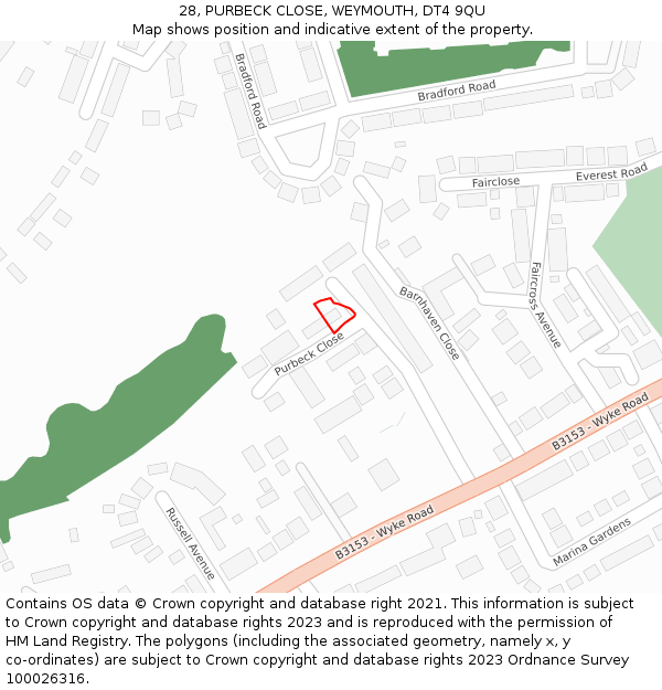 28, PURBECK CLOSE, WEYMOUTH, DT4 9QU: Location map and indicative extent of plot