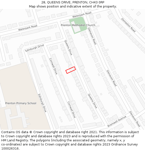 28, QUEENS DRIVE, PRENTON, CH43 0RP: Location map and indicative extent of plot