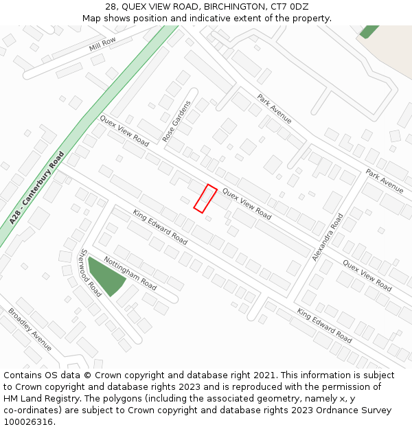 28, QUEX VIEW ROAD, BIRCHINGTON, CT7 0DZ: Location map and indicative extent of plot