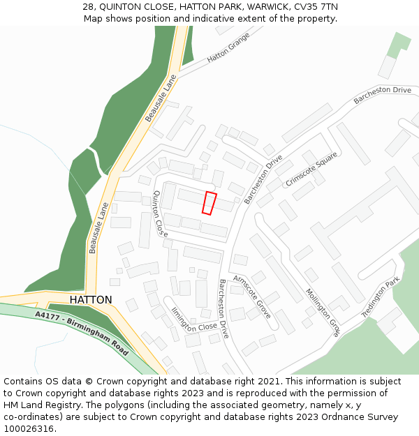 28, QUINTON CLOSE, HATTON PARK, WARWICK, CV35 7TN: Location map and indicative extent of plot