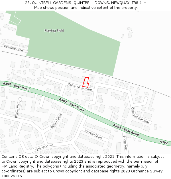 28, QUINTRELL GARDENS, QUINTRELL DOWNS, NEWQUAY, TR8 4LH: Location map and indicative extent of plot