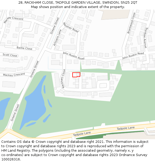 28, RACKHAM CLOSE, TADPOLE GARDEN VILLAGE, SWINDON, SN25 2QT: Location map and indicative extent of plot