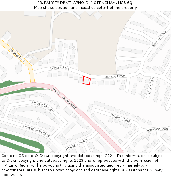 28, RAMSEY DRIVE, ARNOLD, NOTTINGHAM, NG5 6QL: Location map and indicative extent of plot