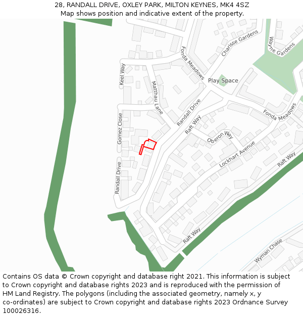 28, RANDALL DRIVE, OXLEY PARK, MILTON KEYNES, MK4 4SZ: Location map and indicative extent of plot