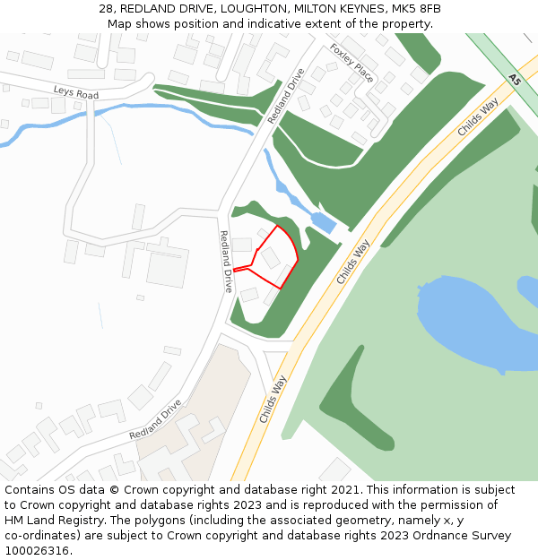 28, REDLAND DRIVE, LOUGHTON, MILTON KEYNES, MK5 8FB: Location map and indicative extent of plot