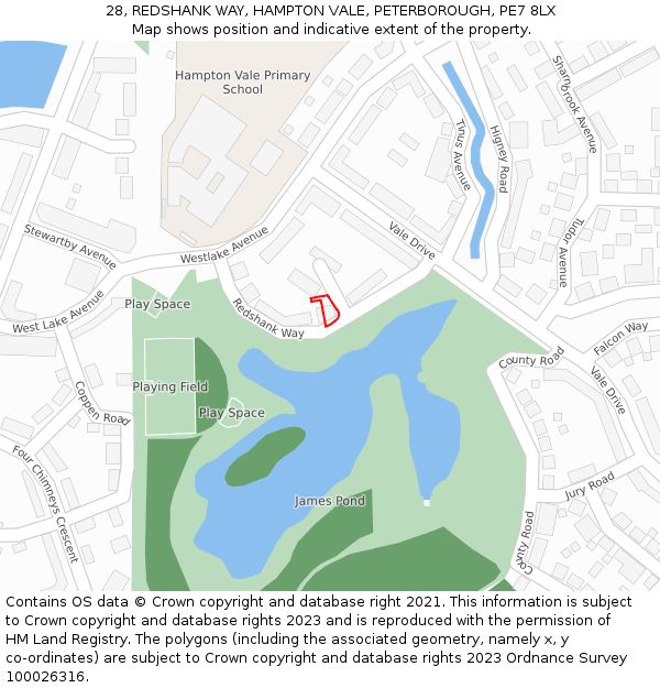 28, REDSHANK WAY, HAMPTON VALE, PETERBOROUGH, PE7 8LX: Location map and indicative extent of plot