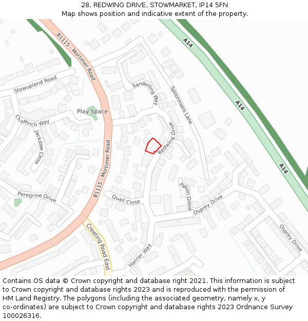 28, REDWING DRIVE, STOWMARKET, IP14 5FN: Location map and indicative extent of plot
