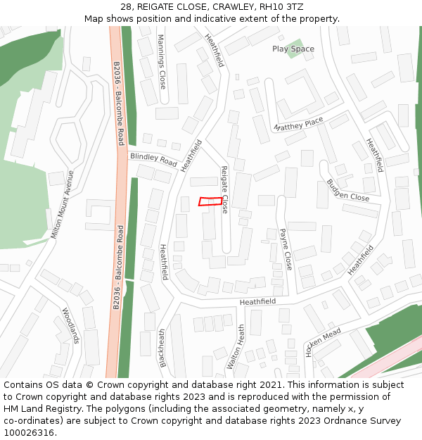 28, REIGATE CLOSE, CRAWLEY, RH10 3TZ: Location map and indicative extent of plot