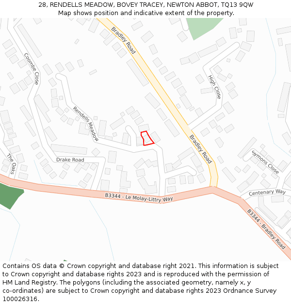 28, RENDELLS MEADOW, BOVEY TRACEY, NEWTON ABBOT, TQ13 9QW: Location map and indicative extent of plot