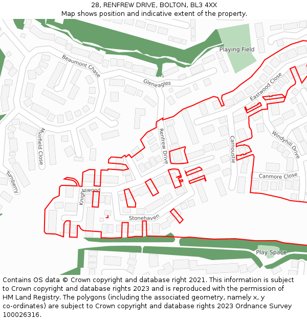 28, RENFREW DRIVE, BOLTON, BL3 4XX: Location map and indicative extent of plot