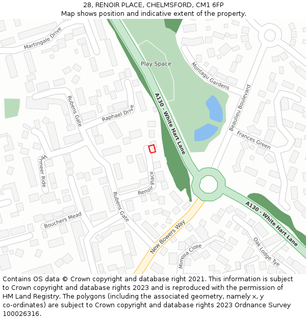 28, RENOIR PLACE, CHELMSFORD, CM1 6FP: Location map and indicative extent of plot