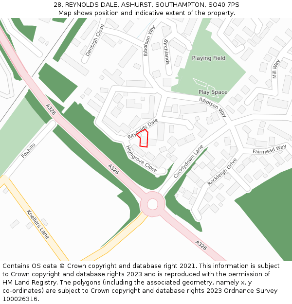 28, REYNOLDS DALE, ASHURST, SOUTHAMPTON, SO40 7PS: Location map and indicative extent of plot