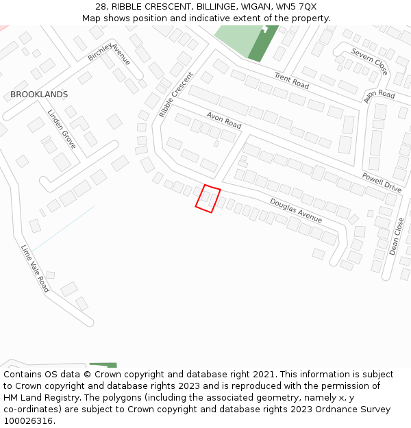 28, RIBBLE CRESCENT, BILLINGE, WIGAN, WN5 7QX: Location map and indicative extent of plot