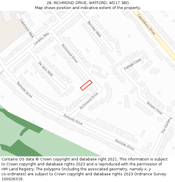 28, RICHMOND DRIVE, WATFORD, WD17 3BG: Location map and indicative extent of plot