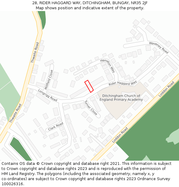 28, RIDER HAGGARD WAY, DITCHINGHAM, BUNGAY, NR35 2JF: Location map and indicative extent of plot