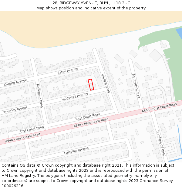 28, RIDGEWAY AVENUE, RHYL, LL18 3UG: Location map and indicative extent of plot