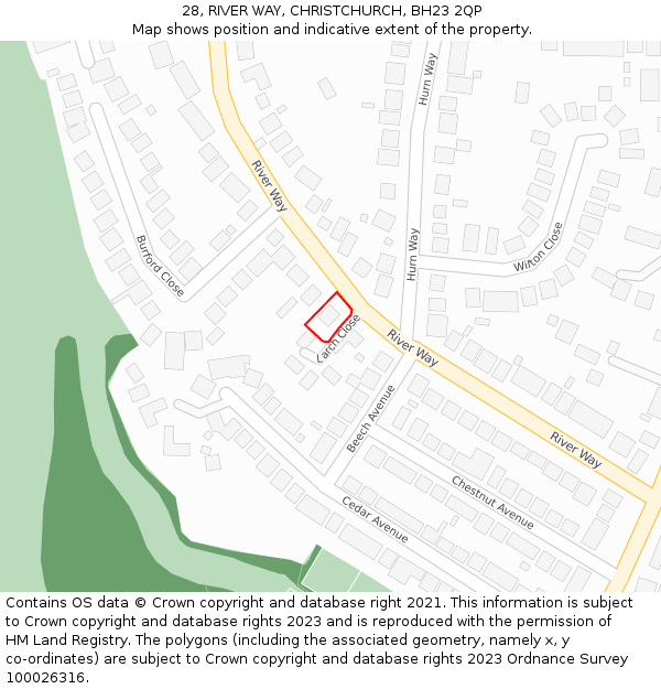 28, RIVER WAY, CHRISTCHURCH, BH23 2QP: Location map and indicative extent of plot